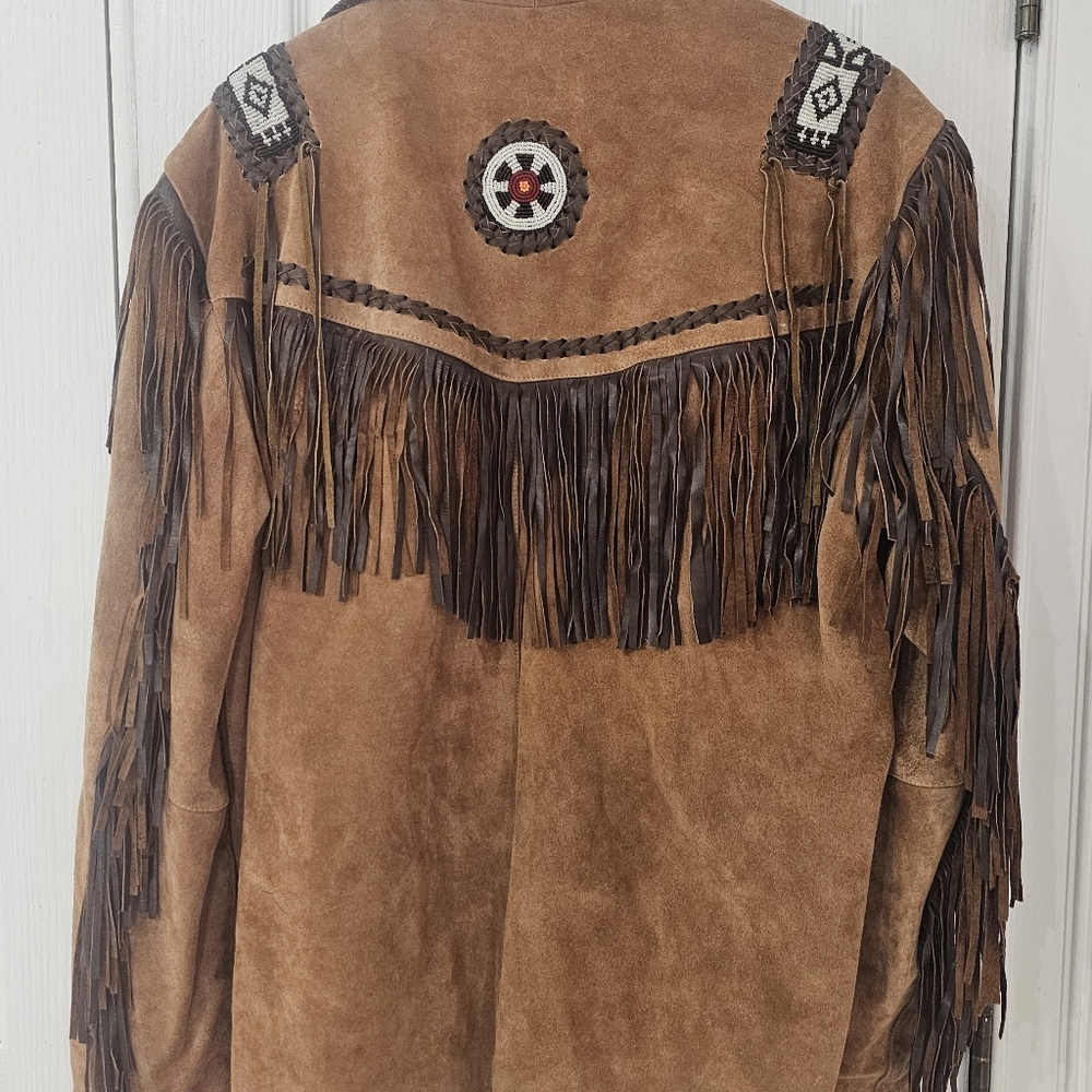 Men's Traditional Cowboy Western Leather Jacket coat With Fringe Bone and Beads - Picture 3 of 5